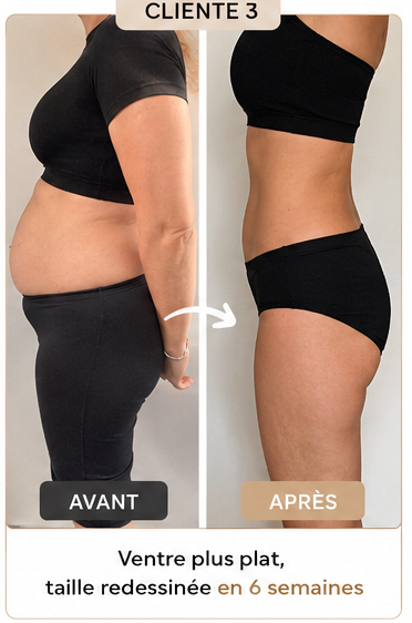 Cliente 3 avant-après : ventre plus plat, taille redessinée en 6 semaines